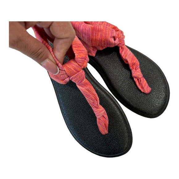 Sanuk Women SZ 7 Orange Stripes T-Strap Fabric Sandal Shoes Comfy Padded Insole - Picture 9 of 10